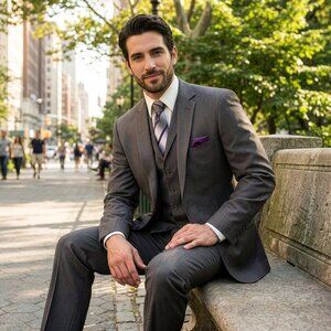 New 2026 Mens 3pc Charcoaled Tan Suit Set w/ Notch Lapel on Vest, Modern Fit